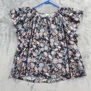 Roan + Ryan Top Womens L Black Floral Flutter Sleeve Boho Peasant Blouse Casual
